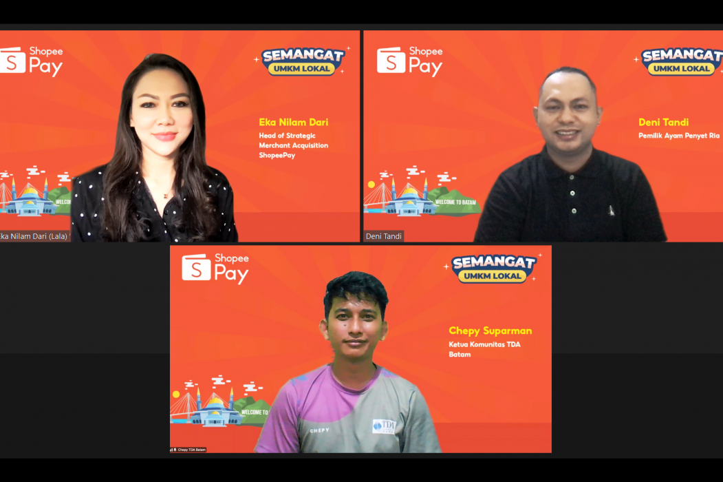 Media gathering virtual semangat UMKM lokal Batam dihadiri oleh Eka Nilam Dari, Head of Strategic Merchant Acquisition ShopeePay (kiri atas); Deni Tandi,  Pemilik Ayam Penyet Ria; dan Chepy Suparman, Ketua Komunitas TDA Batam (bawah).