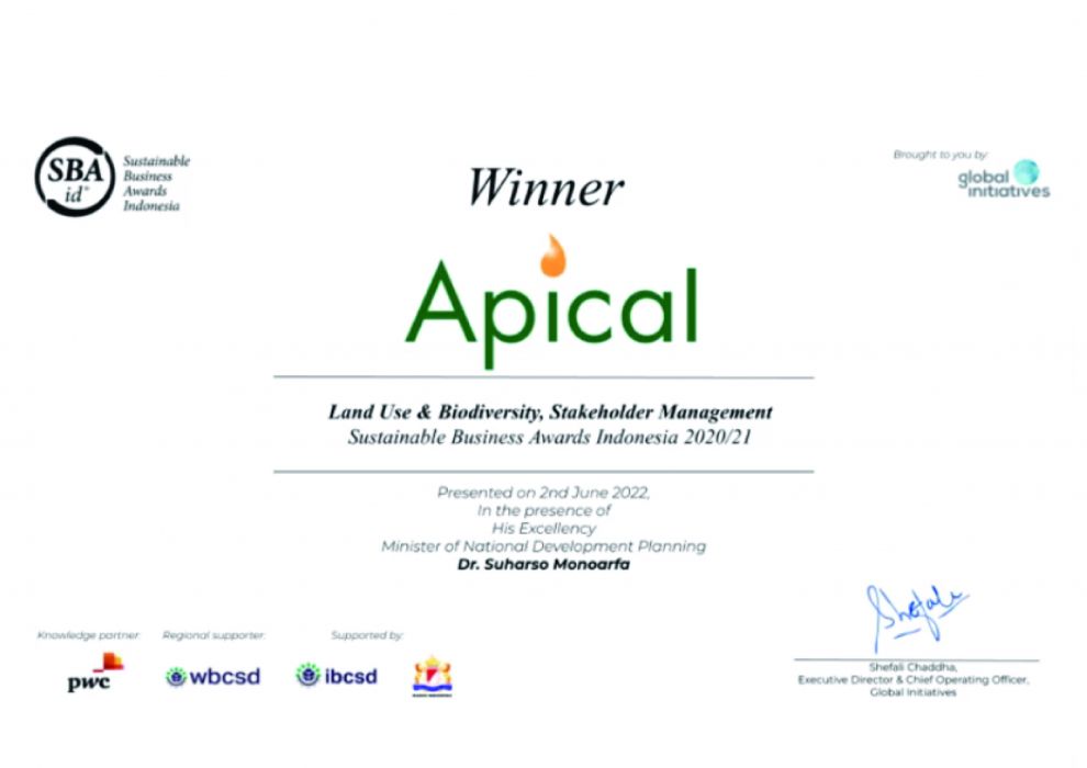 Apical Raih Lima Penghargaan Sustainable Business Award Indonesia 2020-2021 