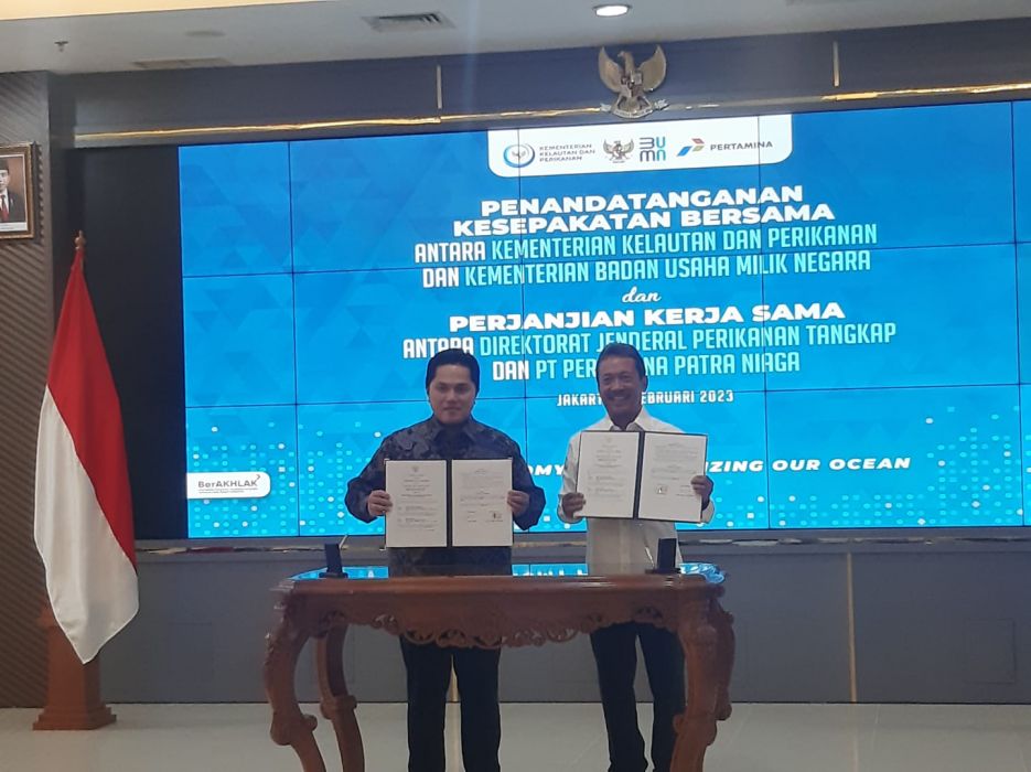 Acara Penandatanganan Kesepakatan Bersama serta Perjanjian Kerja Sama antara Direktorat Jenderal Perikanan Tangkap dengan PT. Pertamina Patra Niaga, di Kantor KKP, Jakarta, Kamis (2/2).