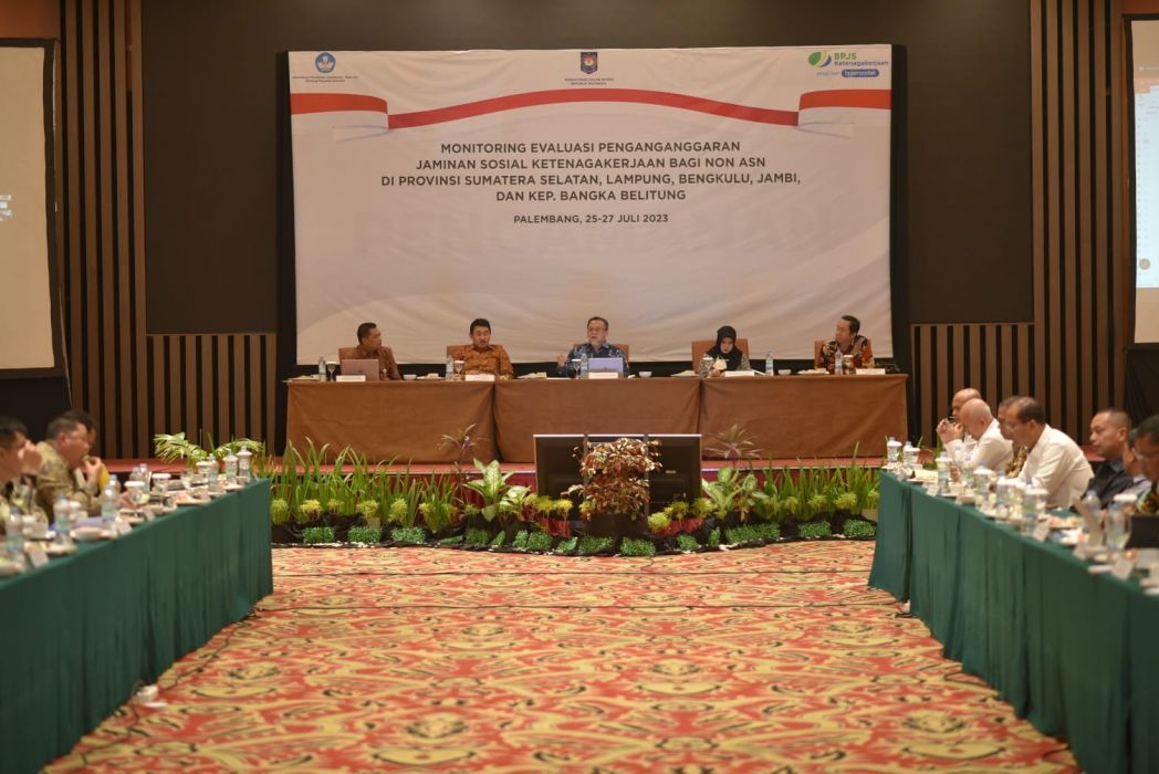 Kegiatan Monitoring Evaluasi Penganggaran Jaminan Sosial Ketenagakerjaan Bagi Non ASN di Provinsi Sumatera Selatan, Lampung, Bengkulu, Jambi, dan Kepulauan Bangka Belitung yang digelar di Palembang, Sumatra Selatan.