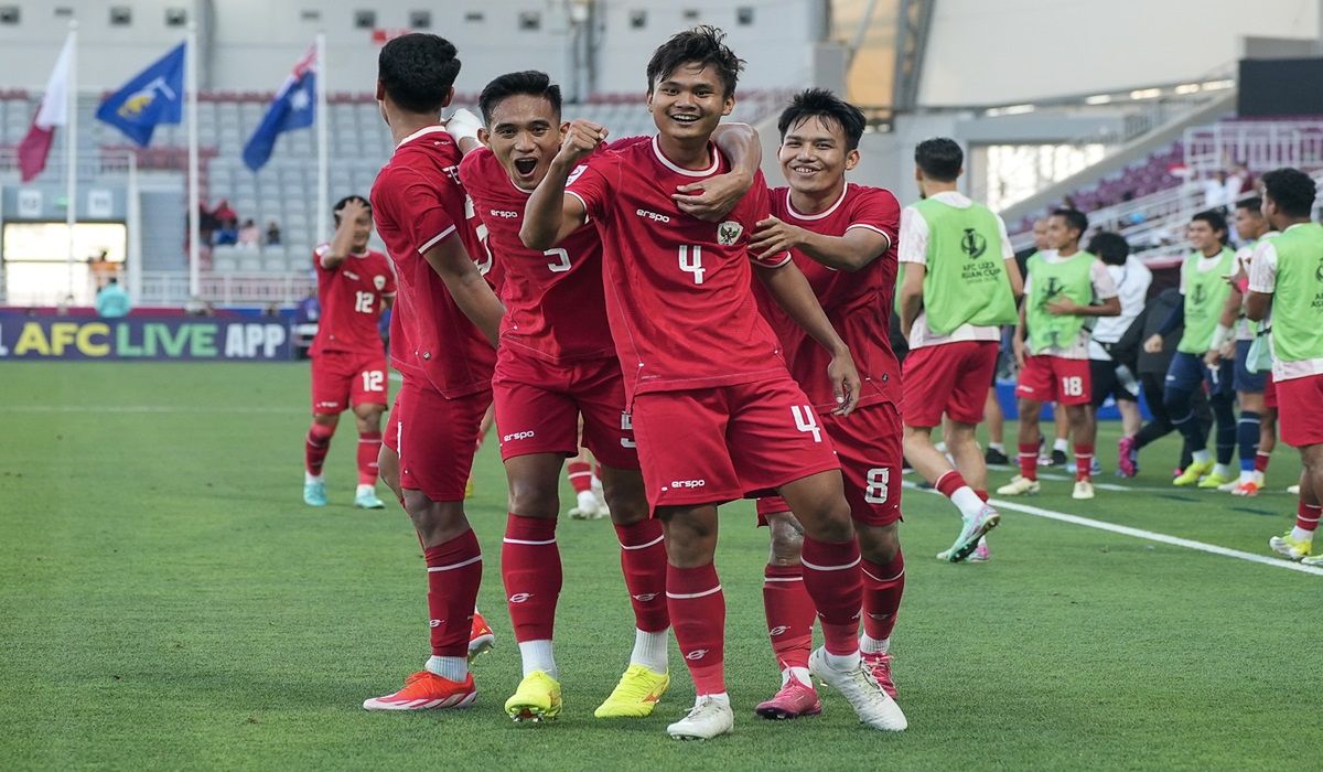 Para pemain timnas Indonesia melakukan selebrasi usai mencetak gol ke gawang Australia di laga Piala Asia U-23