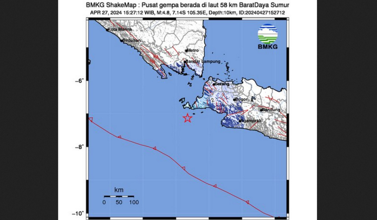 Peta pusat gempa bumi M 4,8 di Banten, Sabtu, 27 April 2024.
