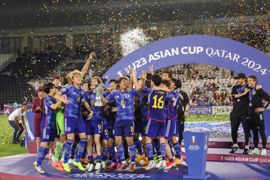 Para pemain Jepang berselebrasi usai menjadi juara Piala Asia U-23 2024.