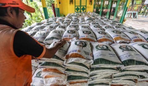Petugas PPSU merapikan ratusan karung ukuran 10 kg berisi beras bantuan pangan yang akan disalurkan ke masyarakat 