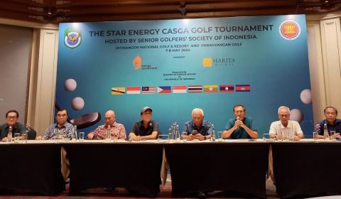 Jumpa pers Perhimpunan Pegolf Senior Indonesia (Perpesi) di Pondok Indah Golf, Jakarta, Senin (1/4).g