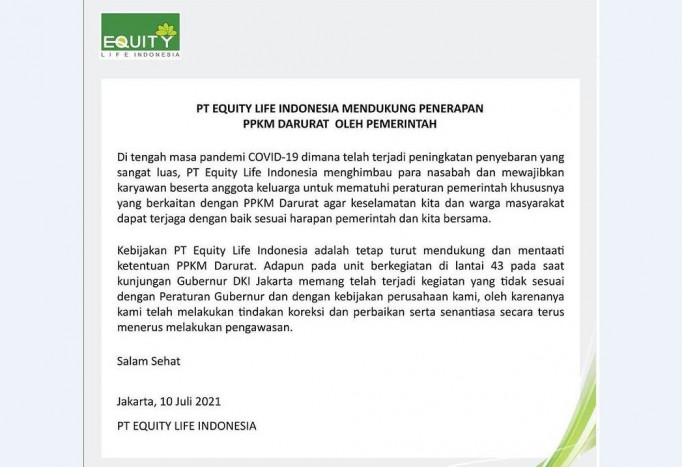 PT Equity Life Indonesia Akhirnya Akui Langgar PPKM Darurat