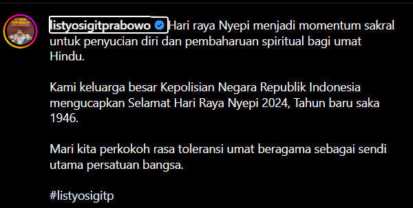 Kapolri Beri Ucapan Selamat Nyepi ke Umat Hindu